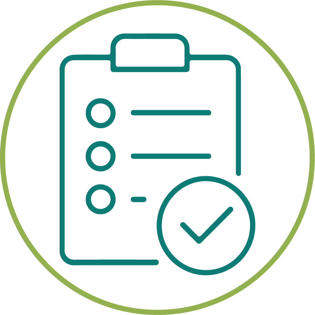 teal clipboard with checkmarks icon in green circle