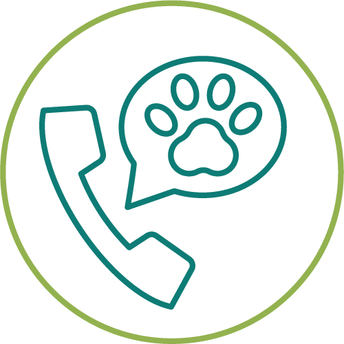 dark green drawing of a phone with a paw inside of a light green circle