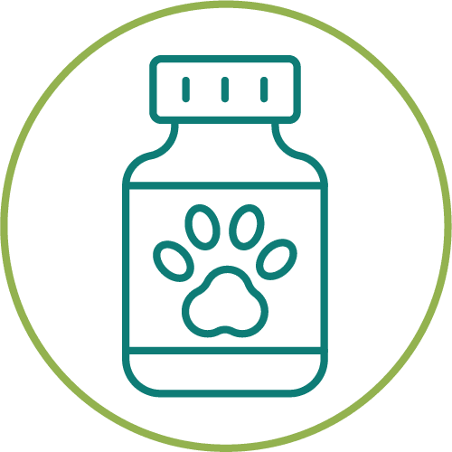 teal pill bottle icon with pawprint icon in green circle